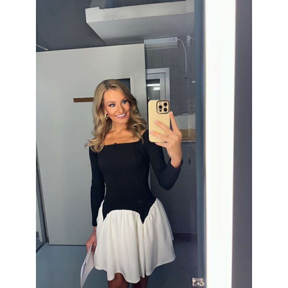 AWAYLEE Drop Waist Off The Shoulder Mini Dress in Black & White Size Small